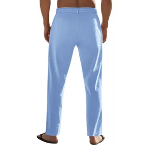 Πίσω όψη του ανδρικού casual γαλάζιου βαμβακερού λινού παντελονιού σε ίσια γραμμή.