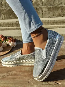 Mocasines de plataforma plateados con diamantes de imitación para mujer con suela gruesa