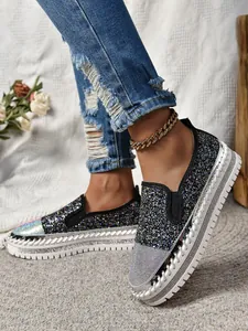 Zapatos brillantes para mujer con punta de diamantes y suela gruesa casuales