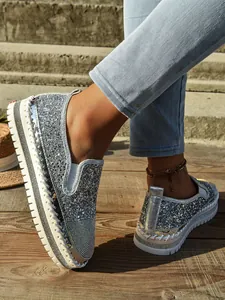 Mocasines de plataforma con purpurina plateada para mujer y pedrería con suelas blancas gruesas