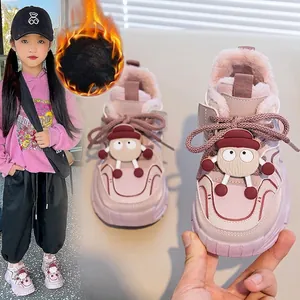 Warm pink cartoon sneakers for girls with soft fleece lining and non-slip sole