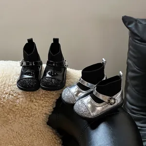 Toddler Girls Princess Sock Boots Microfiber Leather Knit Patchwork Pearl Flower Buckle Glitter Autumn Winter Kids Boots