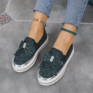 Women Fashion Sequin Bow Rhinestone Flat Shoes Platform Round Toe Loafers Glitter Slip-on Casual Shoes For Women Big Size