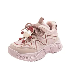 Cute pink kids' winter sports sneakers with cartoon ornament and warm plush lining