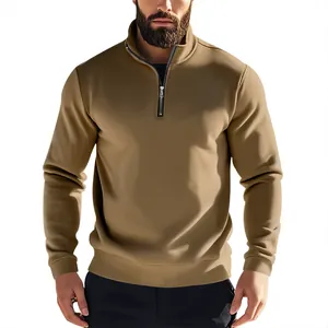 Vorderansicht Herren-Sweatshirt mit Reißverschluss, Stehkragen in Khaki mit Fleece