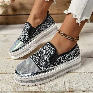 Mocasines de Plataforma con Diamantes de Imitación para Mujer Cuero PU Lentejuelas Zapatos Planos Casuales Zapatos para Caminar