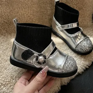 Silver glitter baby girls' sock boots with pearl flower detail for toddlers