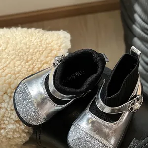Silver glitter girls' sock boots with pearl heart buckle, baby princess walking shoes