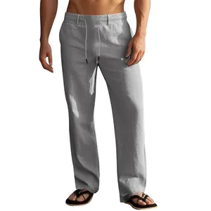 Comfortabele grijze linnen herenbroek, casual rechte pijpen met trekkoord voor de zomer