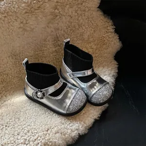 Shiny silver metallic girl's princess sock boots with glitter toe and pearl detail