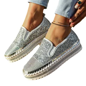 Mocasines plateados con purpurina para mujer con suela de plataforma gruesa y cómoda.