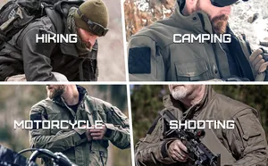 Men's tactical jacket shown in hiking, camping, motorcycle, and shooting scenarios.
