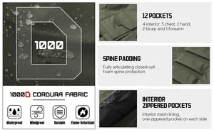 Technical details of tactical jacket: 1000D Cordura fabric, 12 pockets, and spine padding