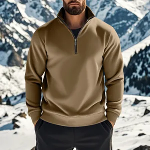 Sweat-shirt à quart de zip marron pour hommes avec détail de col zippé en extérieur