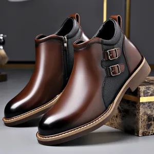 Men's Fashion Mid-top Martin Boots Synthetic Leather Buckle Decor Side Zipper Casual British Style Warm Ankle Boots