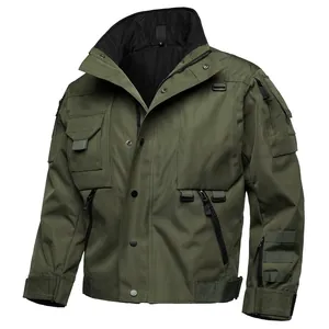 Detailed view of military green men's tactical jacket with multi-pocket design