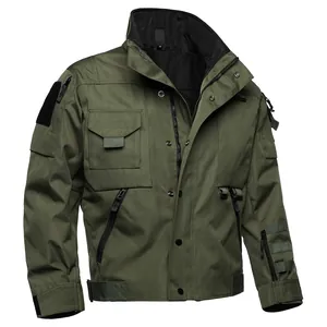 Professional detailed view of a men's olive green tactical outdoor military jacket