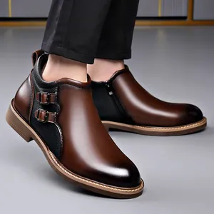Professional men's mid-top leather Martin boots in brown with dual buckles and side zipper.