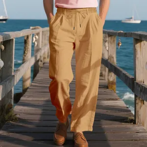 Men's khaki summer linen casual pants with drawstring waist for beach vacation style