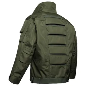 Back view detail of olive green tactical outdoor military jacket with multi-pocket design