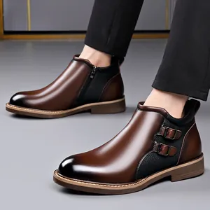 Premium men's brown leather mid-top Martin boots featuring side buckles and functional zipper