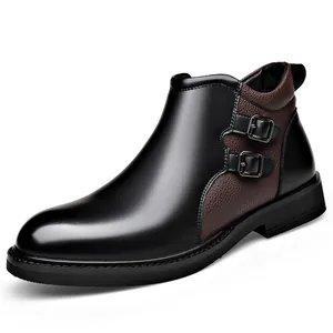 Trendy men's black and brown leather Martin boots with stylish buckle straps for winter