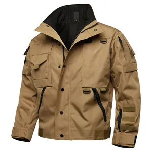 Detailed view of khaki tactical military jacket with multiple pockets and durable fabric