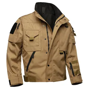 Detailed view of khaki tactical jacket with multiple pockets and durable fabric