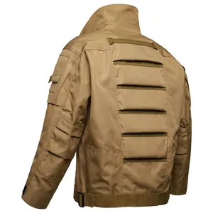 Back view detail of khaki tactical jacket with windproof and scratch-resistant fabric