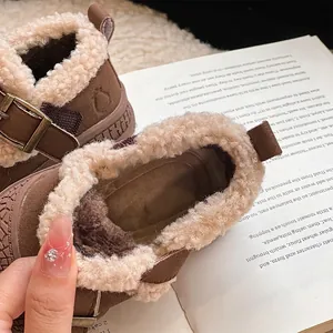 Premium cozy fleece-lined toddler walking shoes in warm brown with buckle detail