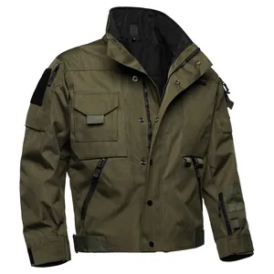 Detailed view of durable olive green tactical military jacket for outdoor activities