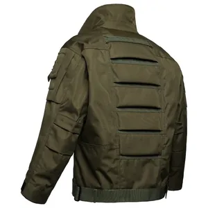Back view of men's olive green tactical jacket featuring durable military webbing detail