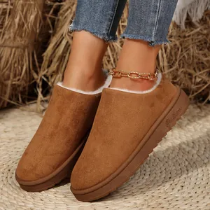 Detail of brown suede platform snow boots with white faux fur lining shown on feet