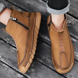 Bottines décontractées pour hommes en cuir marron avec fermeture éclair et semelle robuste