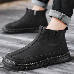 Bottines Martin en cuir noir pour hommes avec doublure en peluche chaude pour l'hiver