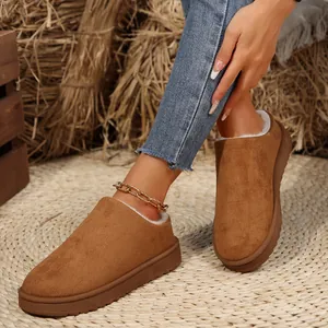 Detailed view of brown suede snow boots with white faux fur lining and platform sole