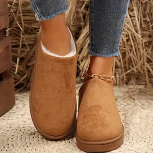 Women's camel suede slip-on snow boots with white faux fur lining and platform sole