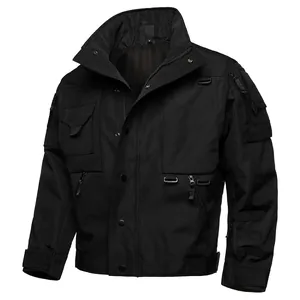 Detailed front view of a black tactical military jacket with multi-functional pockets