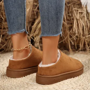 Close-up of women's thick-sole brown slip-on snow boots with soft white fur lining