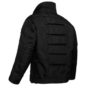 Back view of black tactical jacket featuring durable segmented padding and ribbing