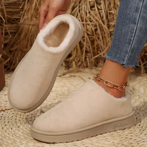 Detailed view of winter snow boots with thick plush lining and faux suede upper