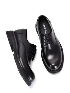 Classic black men's round toe leather derby dress shoes for professional business wear.
