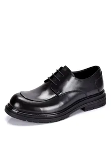 Detailed side view of men's premium black leather Derby shoes featuring a rounded toe and thick sole