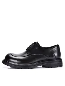 Side view of men's black leather business derby shoes with round toe and thick soles