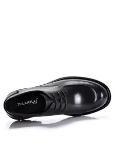 Black leather men's formal derby shoes with round toe and lace-up design