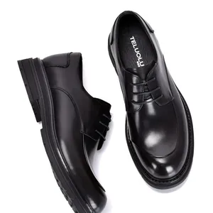 Classic black genuine leather business formal dress shoes for men with a round toe design