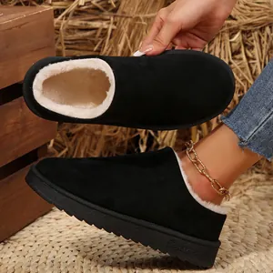 Close-up of black winter slip-on boots with thick soles and soft fluffy lining