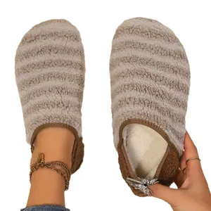 Comfortable winter striped fuzzy slippers with soft soles and warm white fleece lining