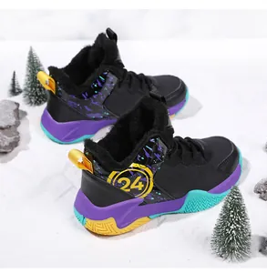 High-top winter fleece-lined kids basketball shoes in black and purple with 24 logo