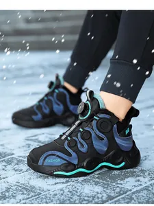 Warm boys' winter sneakers with plush lining and rotating buckle in a snowy scene